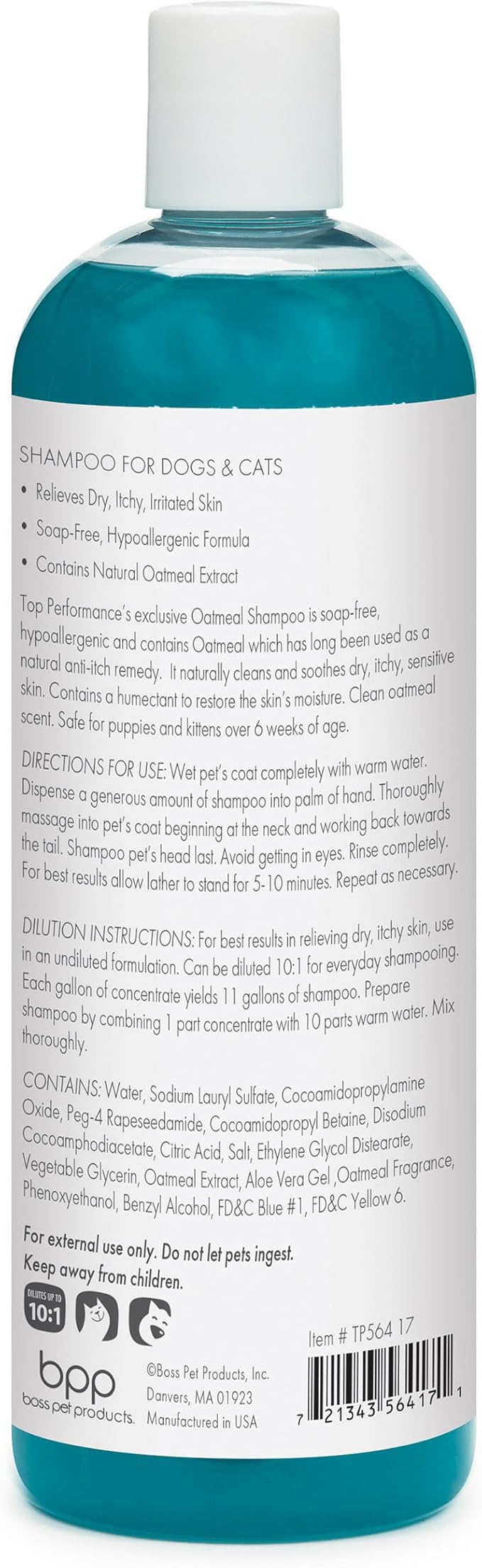 Top Performance Oatmeal Dog Shampoo and Cat Shampoo, 17 Oz. – Provides Remedy for Dry, Irritated and Itchy Skin on Pets