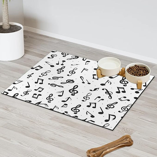 Black Note Dog Food Mat for Floors Absorbent Dog Bowl Mat for Food and Water Dispenser Quick Dry Cat Food Placemat Pet Supplies 24" x 32", Music