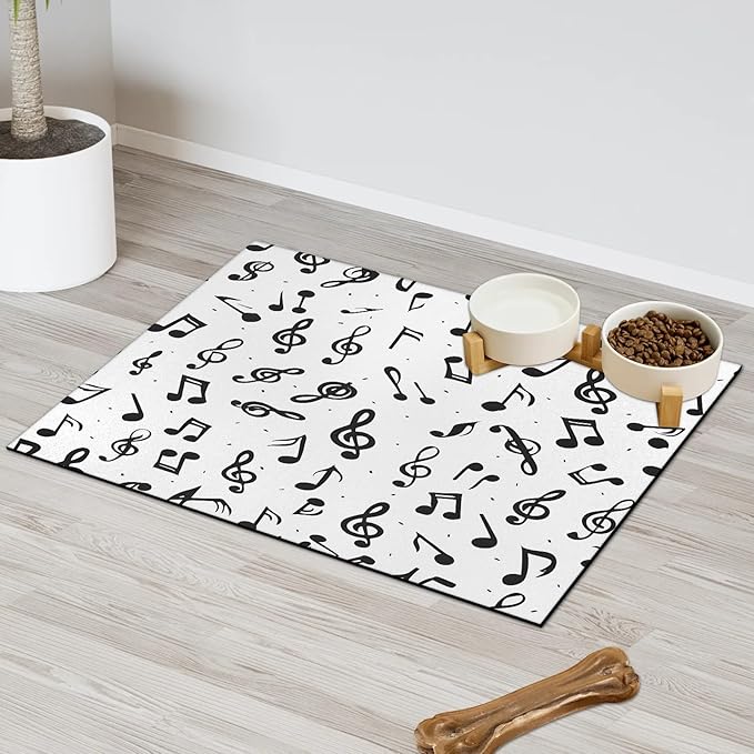 Black Note Dog Food Mat for Floors Absorbent Dog Bowl Mat for Food and Water Dispenser Quick Dry Cat Food Placemat Pet Supplies 12" x 20", Music