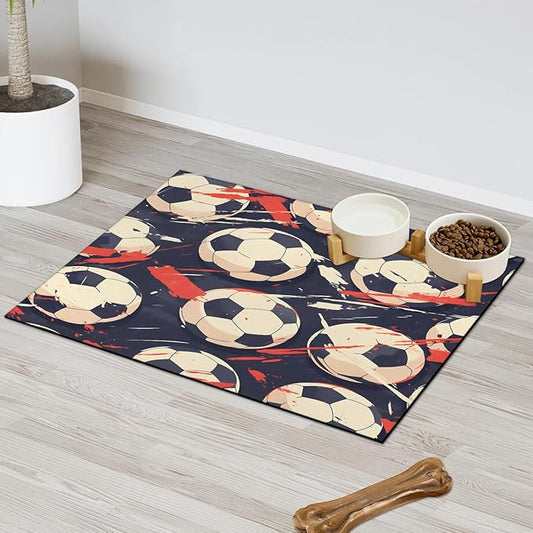 American Football Dog Food Mat for Floors Absorbent, Quick Dry Water Dispenser Mat for Food, Water, Pet Supplies 16" x 24", Soccer Ball