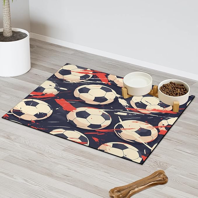 American Football Dog Food Mat for Floors Absorbent, Quick Dry Water Dispenser Mat for Food, Water, Pet Supplies 17" x 30", Soccer Ball