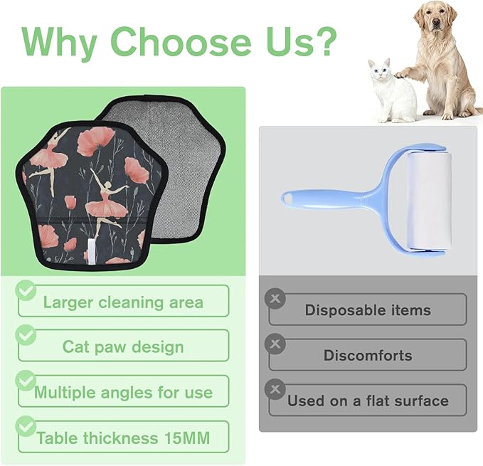 Reusable Pet Hair Removal Glove Floral Ballet Magic Brush for Cat & Dog Hair Remover for Car, Sofa, Bedding, Clothes - 9x9 Mitt Washable