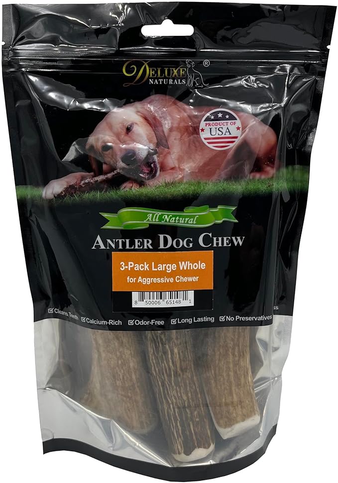 3-Pack Large Whole Elk Antler Dog Chews (6-9+ in) – Long Lasting Natural Dog Chews for Large Dogs & Aggressive Chewers 30-80 lbs – Durable Bone for Teeth Cleaning & Boredom