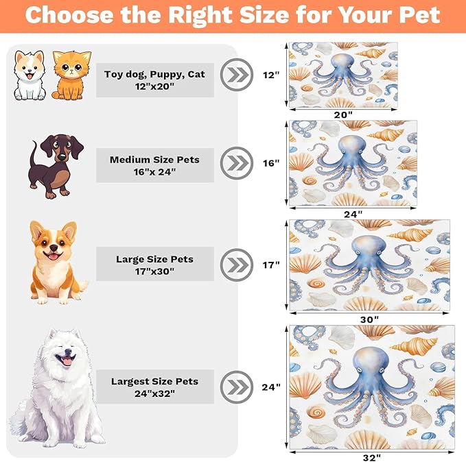 Nautical Octopus Dog Food Mat for Floors Absorbent Dog Bowl Mat for Food and Water Dispenser Quick Dry Cat Food Placemat Pet Supplies 24" x 32", Seashell Beach Ocean