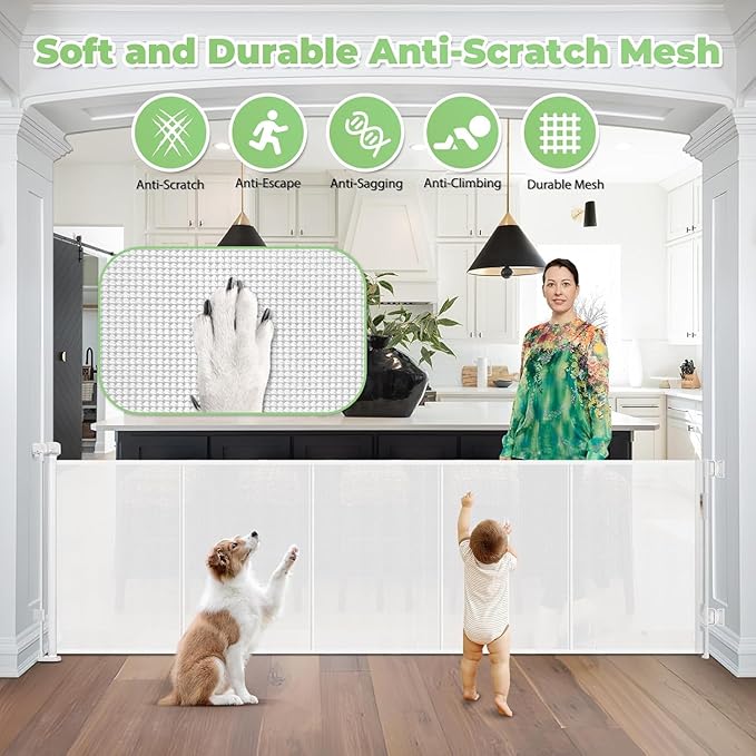Reinforced 96" Wide Retractable Baby Gates Extra Wide Dog Gate with Support Rods - Prevent Crawling Under, Retractable Dog Gate Indoor Outdoor Retractable Gate Wide Baby Gates for Large Openings,White