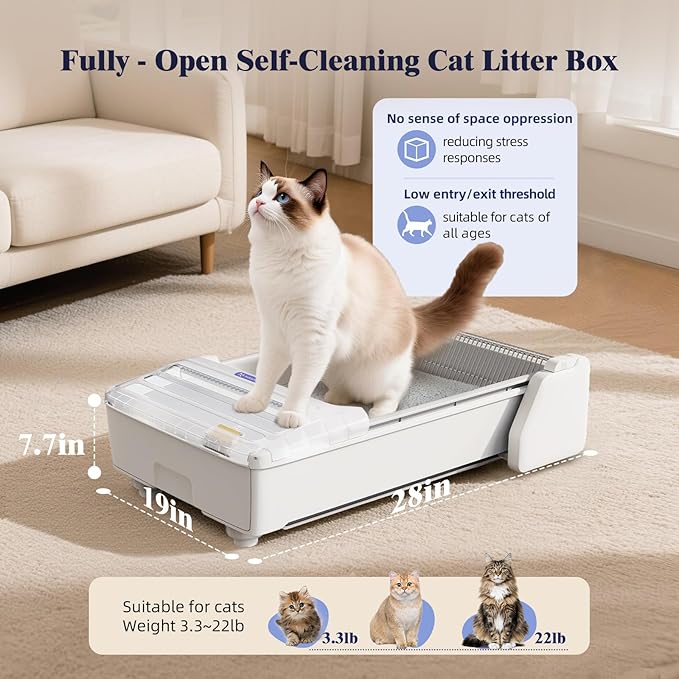 Robotail Automatic Litter Box, Self Cleaning Cat Litter Box with with Roomy Space, Fully Open Cat Box for Multi Cats, Include 5Lb Compatible Cassava Litter