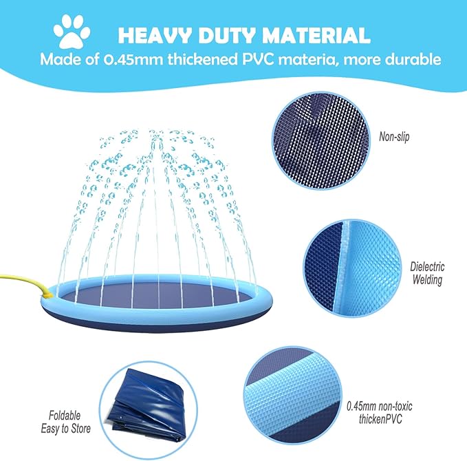 Splash Sprinkler Pad for Dogs Kids,59’’ Thicken Dog Pool with Sprinkler,Pet Outdoor Play Water Mat Toys for Dogs Cats and Kiddie
