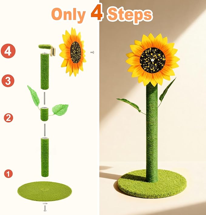 Sunflower Cat Scratching Post & Interactive Toy | 38" Tall Scratcher with Rotating Flower Top for Indoor Cats, from Kittens to Large Adults