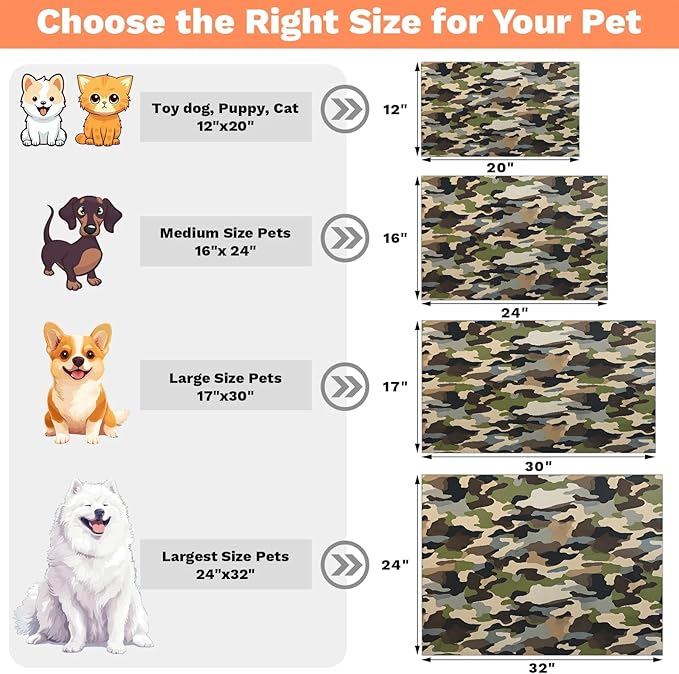 Green Camouflage Dog Food Mat for Floors Absorbent Dog Bowl Mat for Food and Water Dispenser Quick Dry Cat Food Placemat Pet Supplies 12" x 20", Woodland Camo