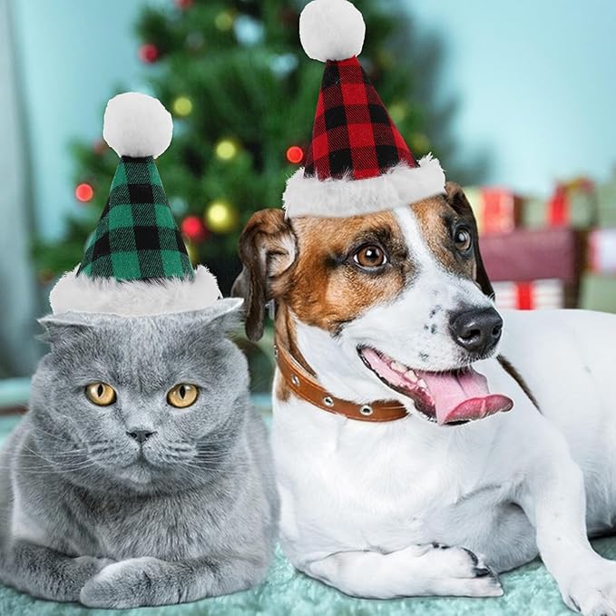 PRETYZOOM Pet Christmas Hat and Bow Tie Set Plaid Adjustable Holiday Party Accessories for Dogs and Cats Festive Costume Supplies