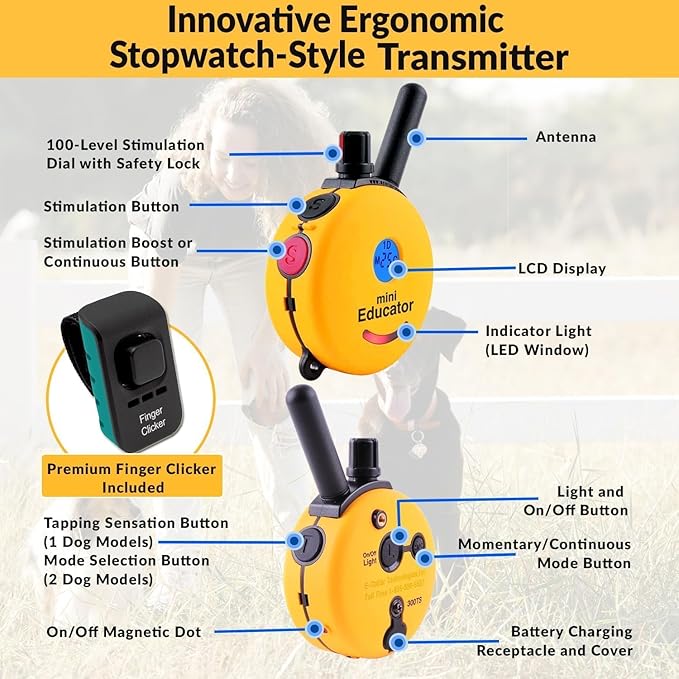 E-Collar – Educator ET-302B-C 1/2 Mile Waterproof Remote Dog Training Collar Includes Premium Finger Clicker Trainer, 100 Programmable Levels + Vibration + Light + Sound, Black