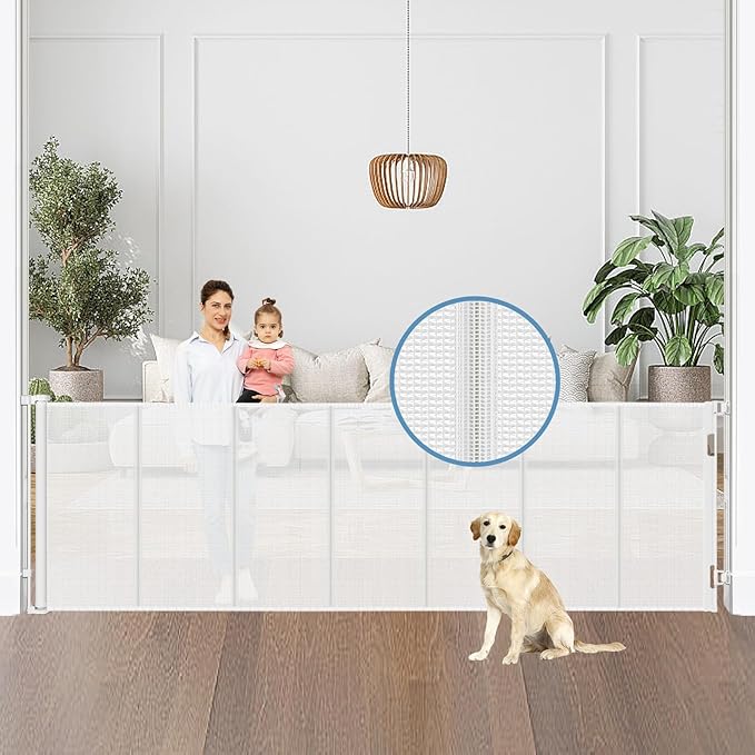 Reinforced 100 Inch Extra Wide Retractable Baby Gates with Reinforced Rods, Retractable Dog Gate Prevent Bottom Crawling Through, Mesh Pet Gate for Large Openings, White