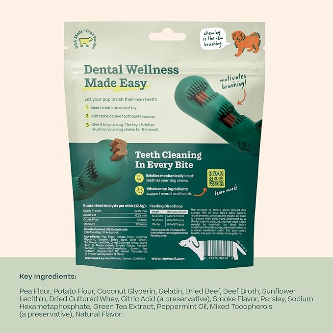 WOOF - Bite n' Brush Refills for The Dog Toothbrush Toy - Dog Breath Freshener Dental Chew Stick - Dog Dental Chew Toy Treats - Approximately 16 Refills - Beef