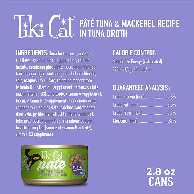 Tiki Cat Luau Pâté, Ahi Tuna & Mackerel Recipe in Tuna Consumme, Grain-Free Balanced Nutrition Wet Canned Cat Food, for All Life Stages, 2.8 oz. Cans (Pack of 12)