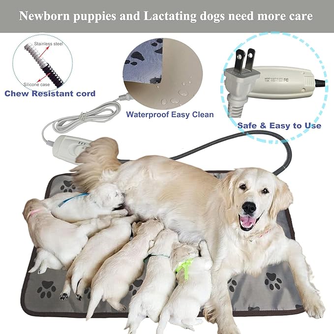 Waterproof Pet Heating Pat for Dogs & Cats - Chew-Resistant Cord, Temperature Adjustable,Power-Off Protection - Fits Whelping Box, Dog House (34"x21")