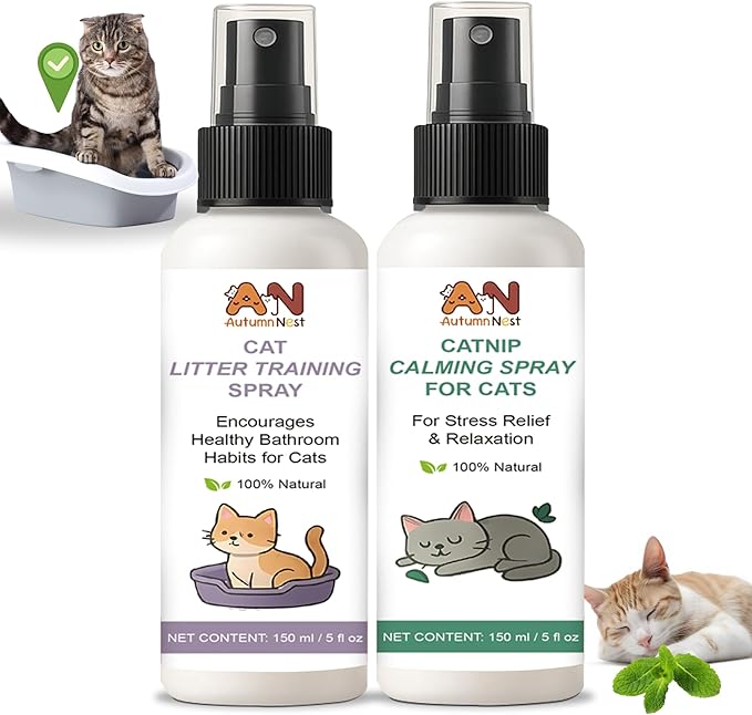 Cats Calming & Litter Training Spray Kit – 2-Pack 150ml Duo, Cat Training Spray with Catnip Calm & Cat Litter Attractant, Helps Stop Cats from Urinating in House, Safe Behavior Aid