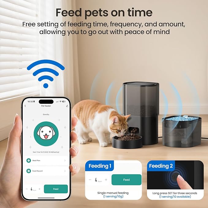 Automatic Cat Feeder and Water Fountain, 2-in-1 Automatic Dog Feeder with 2.4G WiFi APP Remote Control, Smart Timed Cat Food Dispenser with 10s Voice and 1-10 Meals/Day for Cat and Small Dog