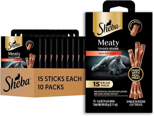 Sheba Meaty Tender Sticks Chicken Cat Treats, Chicken Flavor, Cat Snacks, 0.14 oz., 15 Count, Pack of 10 (150 Sticks Total)