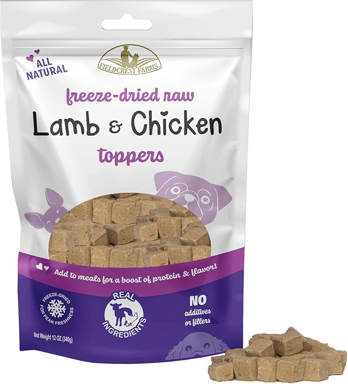 Fieldcrest Farms Lamb & Chicken Toppers – Freeze-Dried All-Natural Dog Food Topper or Treat, High Protein, Minimal Ingredients, Grain-Free, 12 oz.