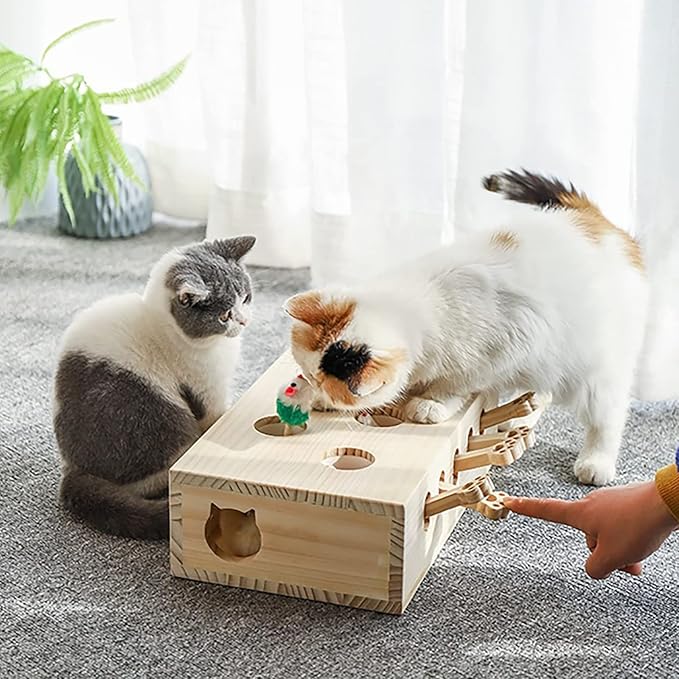 Interactive Wooden Whack-A-Mole Cat Toy, Engaging and Durable Play for Cats and Kittens, Keeps Pets Entertained and Stimulated, Natural Wood Design, Perfect for Indoor Exercise and Fun - Pet Gift Idea