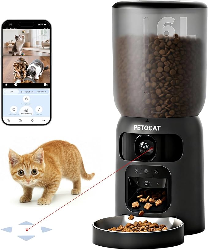 AI Automatic Cat Feeder with 2K HD Dual Cameras,5G&2.4G Wi-Fi 6L Cat Food Dispenser with Cats Recognition& Diet Tracking, Laser Interactive Toy & Two-Way Audio