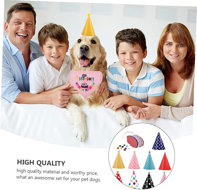Toyvian Dog Birthday Party Supplies Set 9 Decorative Birthday Hats 1 Saliva Bib Bandana for Pets Adjustable Size for Pet Celebration Random Color