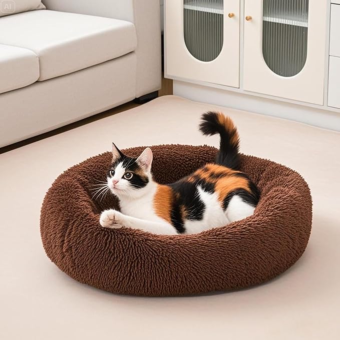 Comfort Donut Dog Bed - Ultra-Soft Pet Bed with Neck Support, 3 Sizes (Machine Washable) for Small/Medium/Large Dogs & Cats(Coffee,24''Lx24''Wx8''Th)