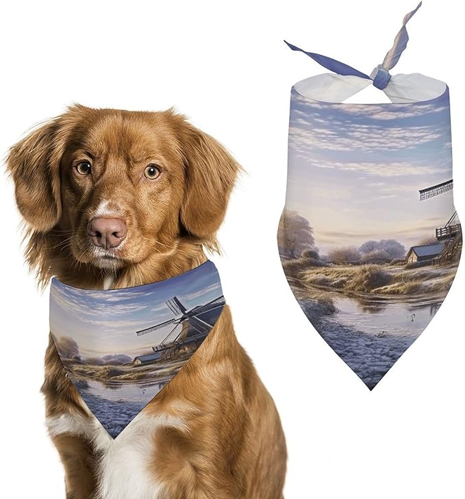 Dog Bandana Spring Pet Scarf Adjustable Triangle Landscape with A Traditional Windmill Printing Dog Bib Washable Polyester Puppy Bandana for Small Medium Large Dogs Cat Birthday Party Supplies