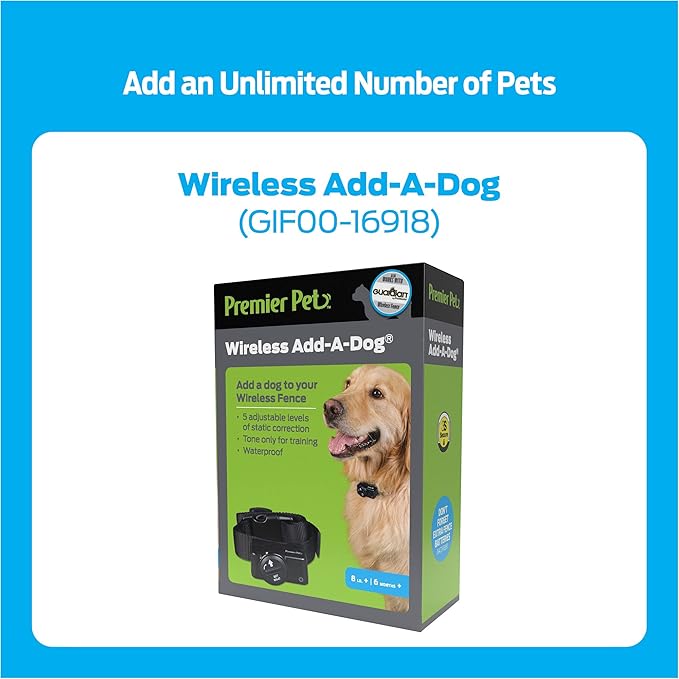 Premier Pet Wireless Dog Fence System - Adjustable Circular Boundary Up to ½ Acre - Waterproof Collar with Tone & 5 Static Levels - No Digging - Expandable to Include Multiple Dogs