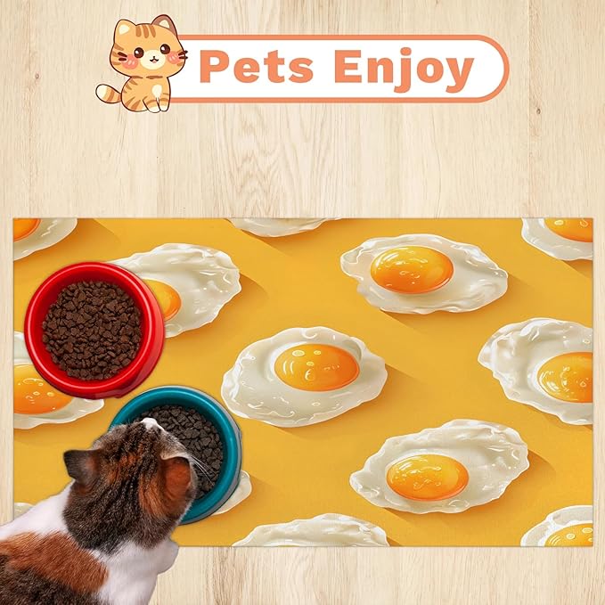 Fried Egg Dog Food Mat for Floors Absorbent Dog Bowl Mat for Food and Water Dispenser Quick Dry Cat Food Placemat Pet Supplies 16" x 24", Cute Eggs