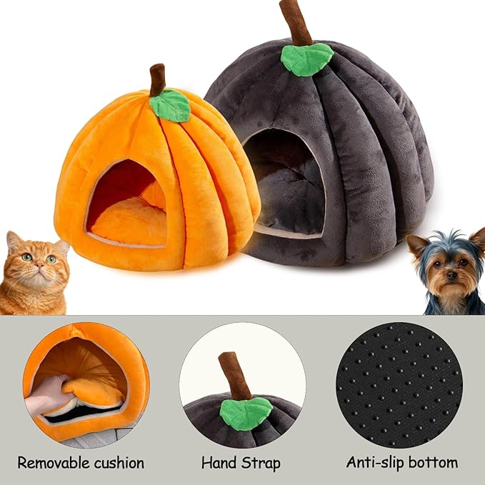 Cat Bed for Indoor Cats - Adorable Cozy Pumpkin Cat Cave with Removable Cushion, Super Soft Pet House Tent for Kittens & Small Pets, Warm & Washable Non-Slip Design(S 15 inch Grey)