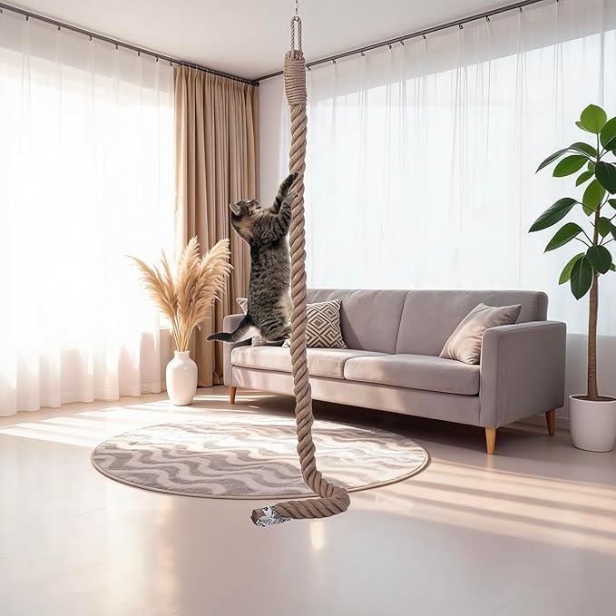 Cat Climbing Rope, Cat Climbing Jute Rope, Wall Mounted Furniture Pole Scratching Post with Hook Screws Clip for Indoor and Outdoor Cats (1.5m / 4.9ft)