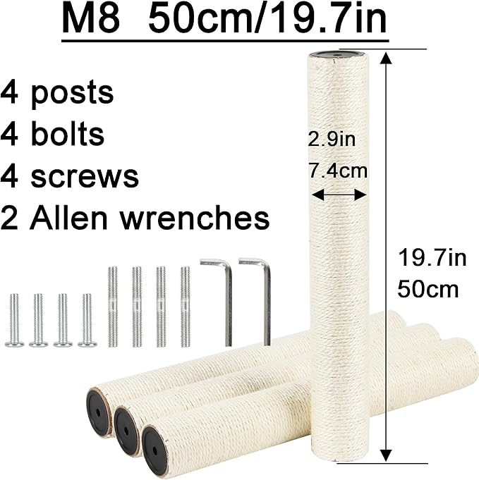 4 Pcs 2.9in 7.4cm Diameter Scratching Post Replacement Pole for Cat Tree (M8, 19.7in/50cm)