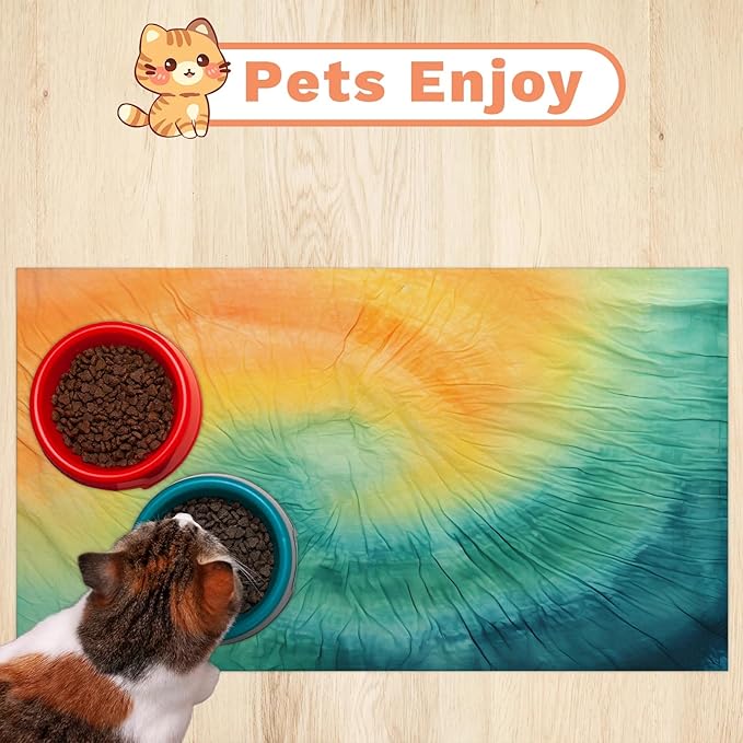 Tie Dye Dog Food Mat for Floors Absorbent, Quick Dry Water Dispenser Mat for Food, Water, Pet Supplies 24" x 32", Abstract
