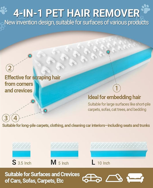 Upgraded 4-ni-1 Pet Hair Remover Tools | Reusable Fur Remover for Car Interior, Carpet, Bedding,Couch & Pet Furniture (L (10 Inch))