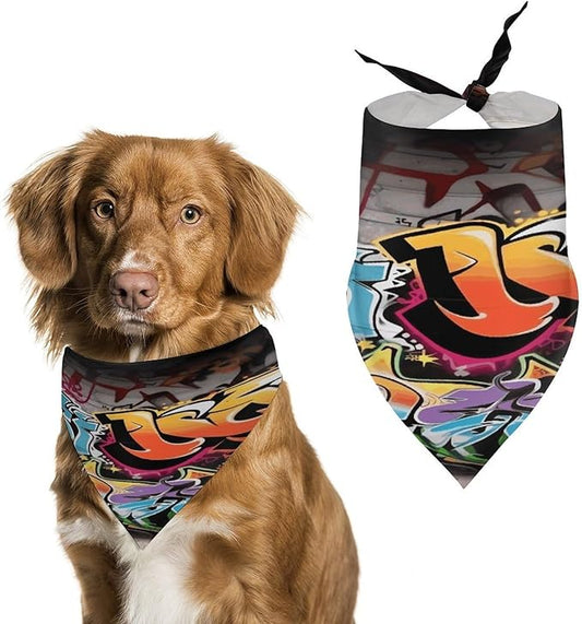 Dog Bandana Spring Pet Scarf Adjustable Triangle Graffiti Hip Hop Printing Dog Bib Washable Polyester Puppy Bandana for Small Medium Large Dogs Cat Birthday Party Supplies