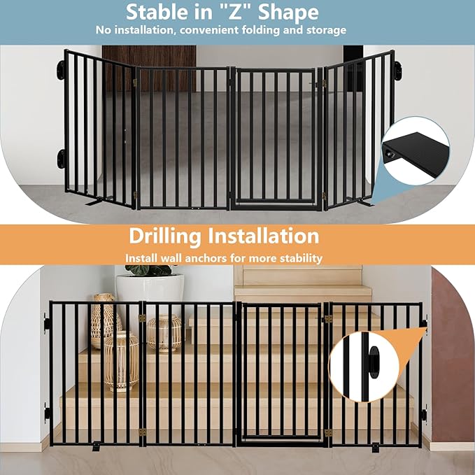 Full Metal Freestanding Dog Gates with Door, 36" Height Dog Fences for Indoor & Outdoor, Extra Wide Foldable Pet Gates for Stairs, Hallways, Doorways, Yard (4 Panels, 80" W × 36" H)