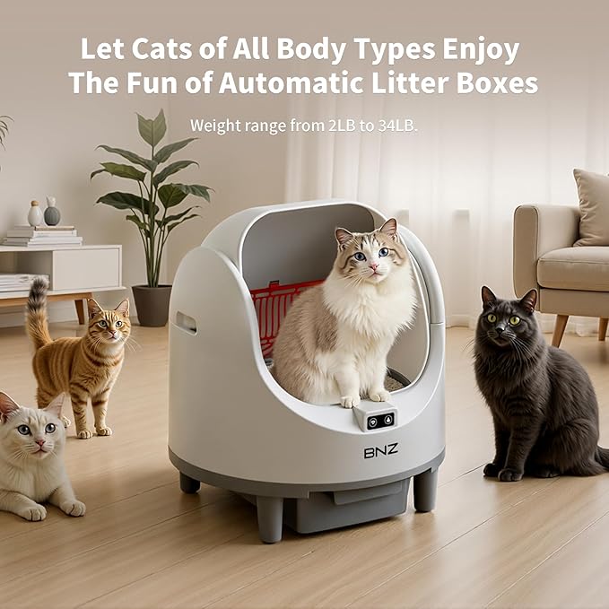 BNZ Self-Cleaning Cat Litter Box, Automatic Cat Litter Box for Multiple Cats, with Safety Sensors, Open Top, White