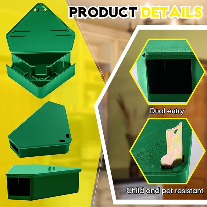 Qualirey Mice Station with Key Triangle Mouse Station Reusable Rodent Trap Box, Keeps Children and Pets Safe Indoor & Outdoor Suitable for Small Mice(Green,24 Pcs)