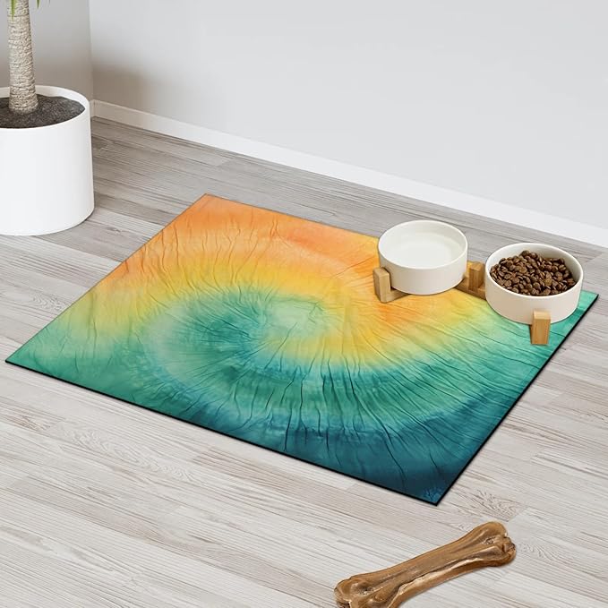 Tie Dye Dog Food Mat for Floors Absorbent, Quick Dry Water Dispenser Mat for Food, Water, Pet Supplies 12" x 20", Abstract