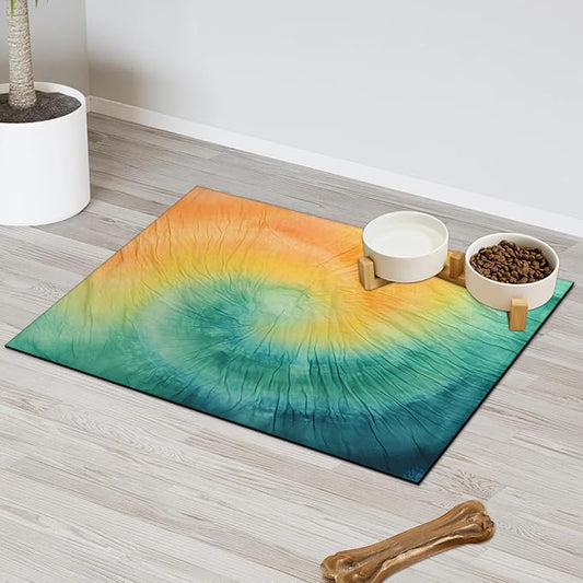 Tie Dye Dog Food Mat for Floors Absorbent, Quick Dry Water Dispenser Mat for Food, Water, Pet Supplies 16" x 24", Abstract