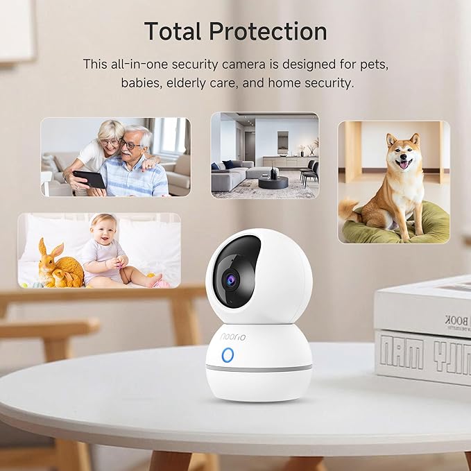 Noorio Security Camera Indoor, 4MP UHD Pet/Dog Camera 360-Degree for Home Security, One-Touch Call, Auto Motion Tracking, Night Vision, 2.4G Only