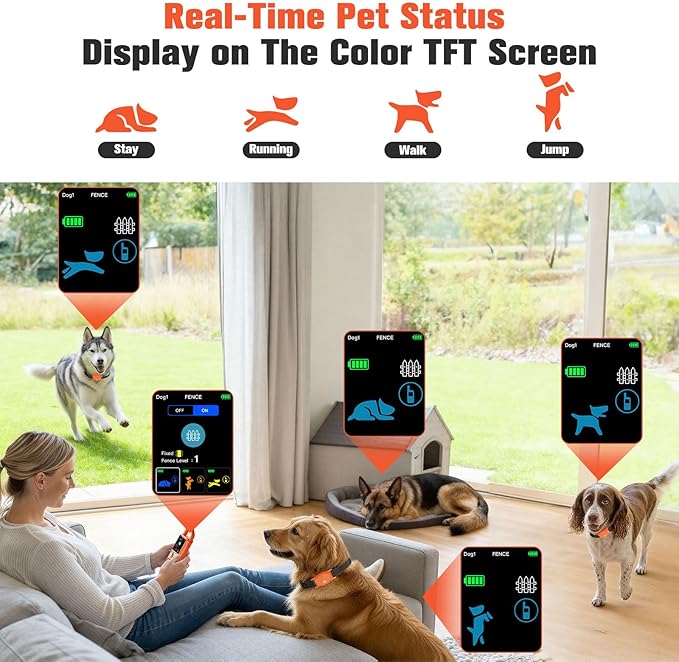 4-in-1 Wireless Dog Fence System, Electric Fences for Medium Large Dogs, 4 Modes Training Collar with Remote, IPX7 Waterproof, Portable Indoor & Outdoor Safe Pet Containment, Real-Time Display