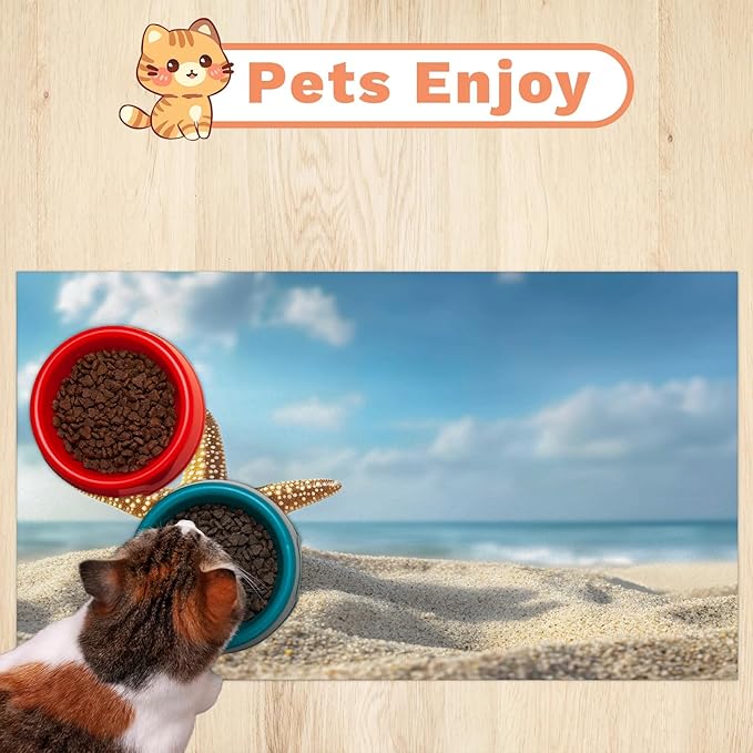 Starfish Dog Food Mat for Floors Absorbent Dog Bowl Mat for Food and Water Dispenser Quick Dry Cat Food Placemat Pet Supplies 17" x 30", Summer Beach