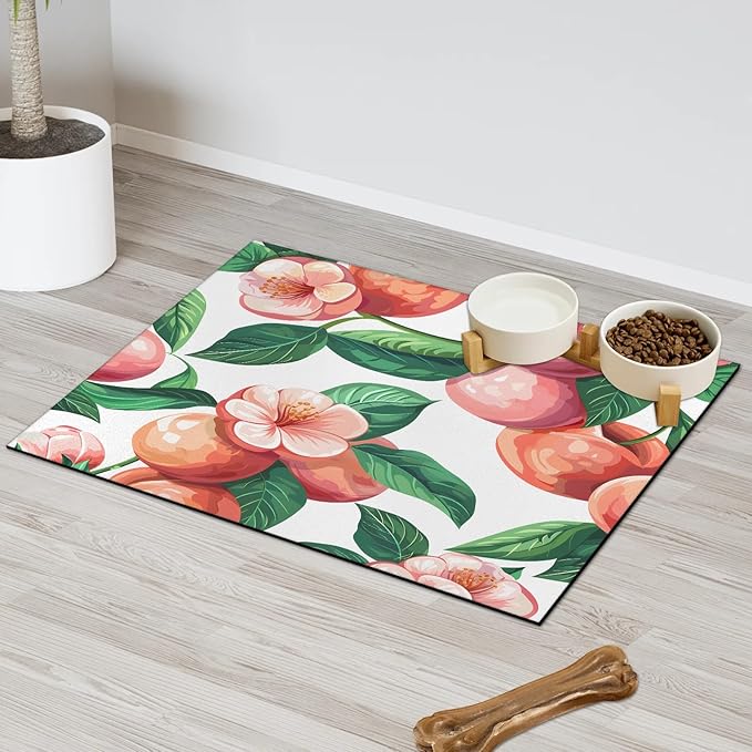 Peach Dog Food Mat for Floors Absorbent Dog Bowl Mat for Food and Water Dispenser Quick Dry Cat Food Placemat Pet Supplies 24" x 32", Flower