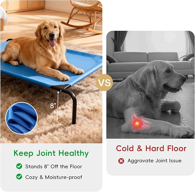 Elevated Dog Bed for Large Dogs, Washable Raised Cot with Skid-Resistant Feet, Waterproof Cooling Dog Beds with Oxford Cloth, Indoor/Outdoor Use, Blue 50in