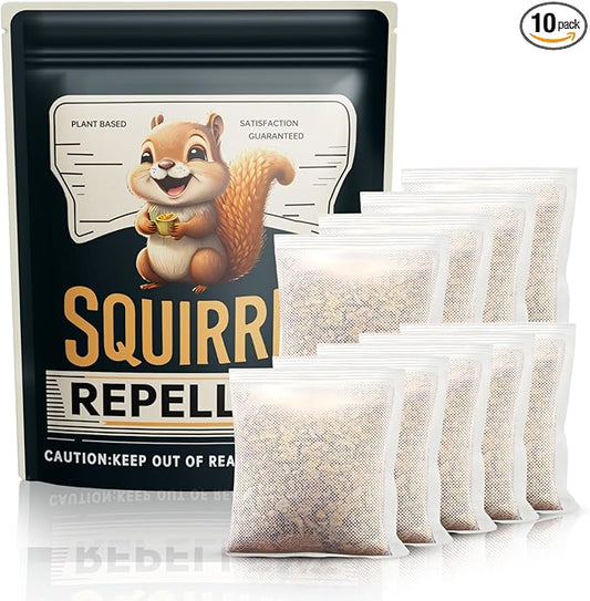 Squirrel Repellent Outdoor, Natural Squirrel Deterrent for Plants, Attic & Bird Feeders, Safe Around Kids & Pets, Helps Keep Squirrels Chipmunk Away from Yard & Garden – 10 Pouches