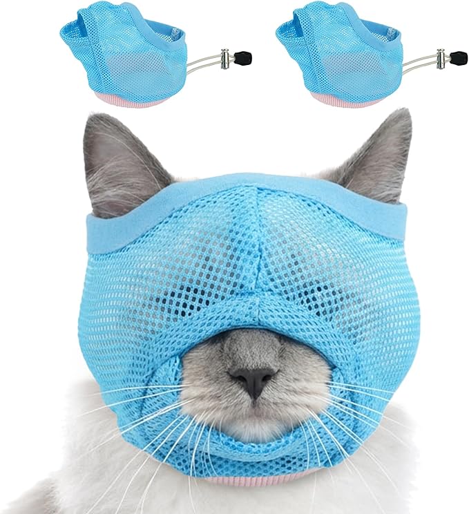 2 Pieces Soft Cat Muzzles Mask Breathable Mesh Cat Restraint for Nail Clipping Anti-Bite Anti-Meow Grooming Muzzles for Cats,Blue,M