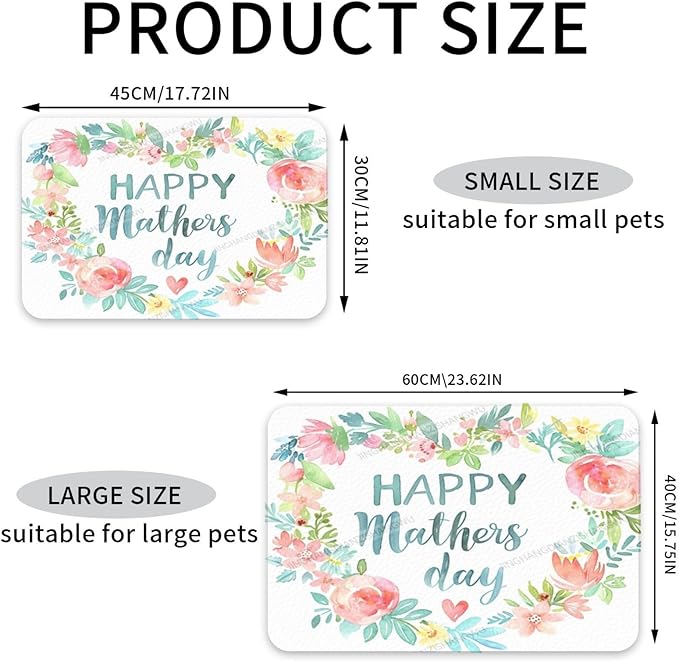 Pet Cat Dog Food Mat Absorbent Dog Feeding Mat Happy Mother's Day Floral Gift Mom Ec No Stains Cat Food Mats Indoor Pet Accessories Supplies Dogs Placemat Water Bowl Mats with Rubber Backing 24x16In