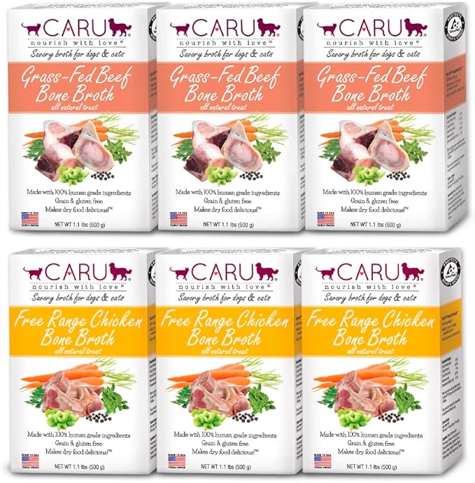 Caru - Classics Grass-Fed Beef Bone Broth and Classics Free Range Chicken Bone Broth - Healthy Functional Food Topper for Dogs & Cats - 6 Pack - Variety Pack